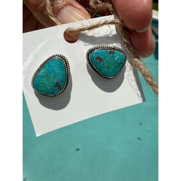 Artisan Turquoise Sterling Silver Triangle Stud Earrings Center Post Southwest - Picture 2 of 12